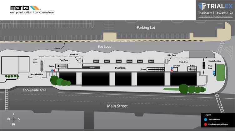 Aerial view floor plan illustration graphic- transportation station with labeling of key parts such as platform, bus loop, parking lot, main street, and ride area.